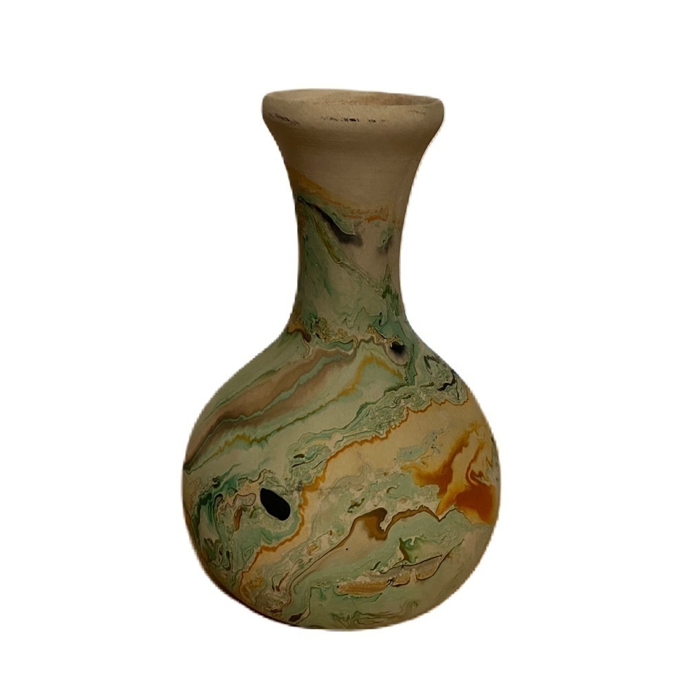 Vintage Nemadji Pottery Vase Watercolor Swirl Green Smoke Orange USA Made